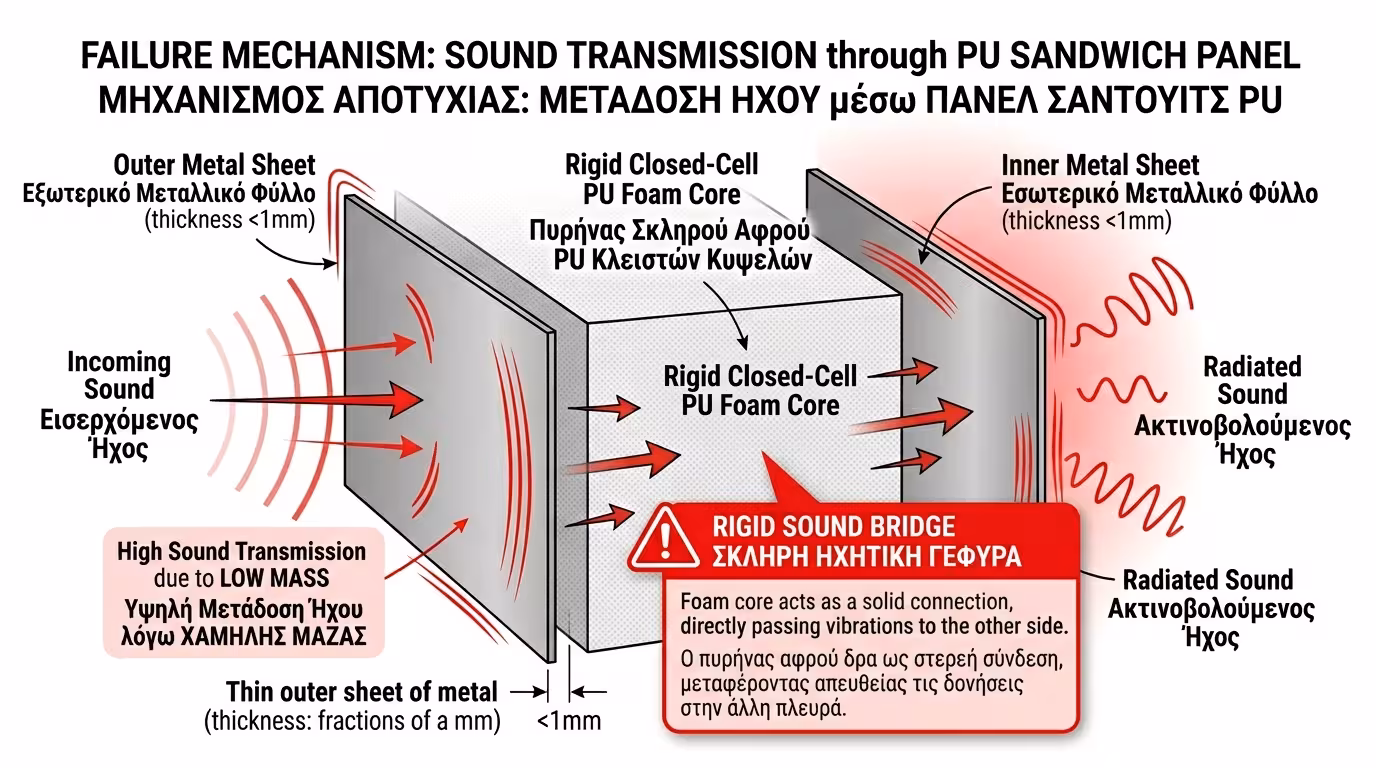 Πάνελ PU: λεπτή λαμαρίνα χωρίς μάζα, σκληρός αφρός = ηχογέφυρα