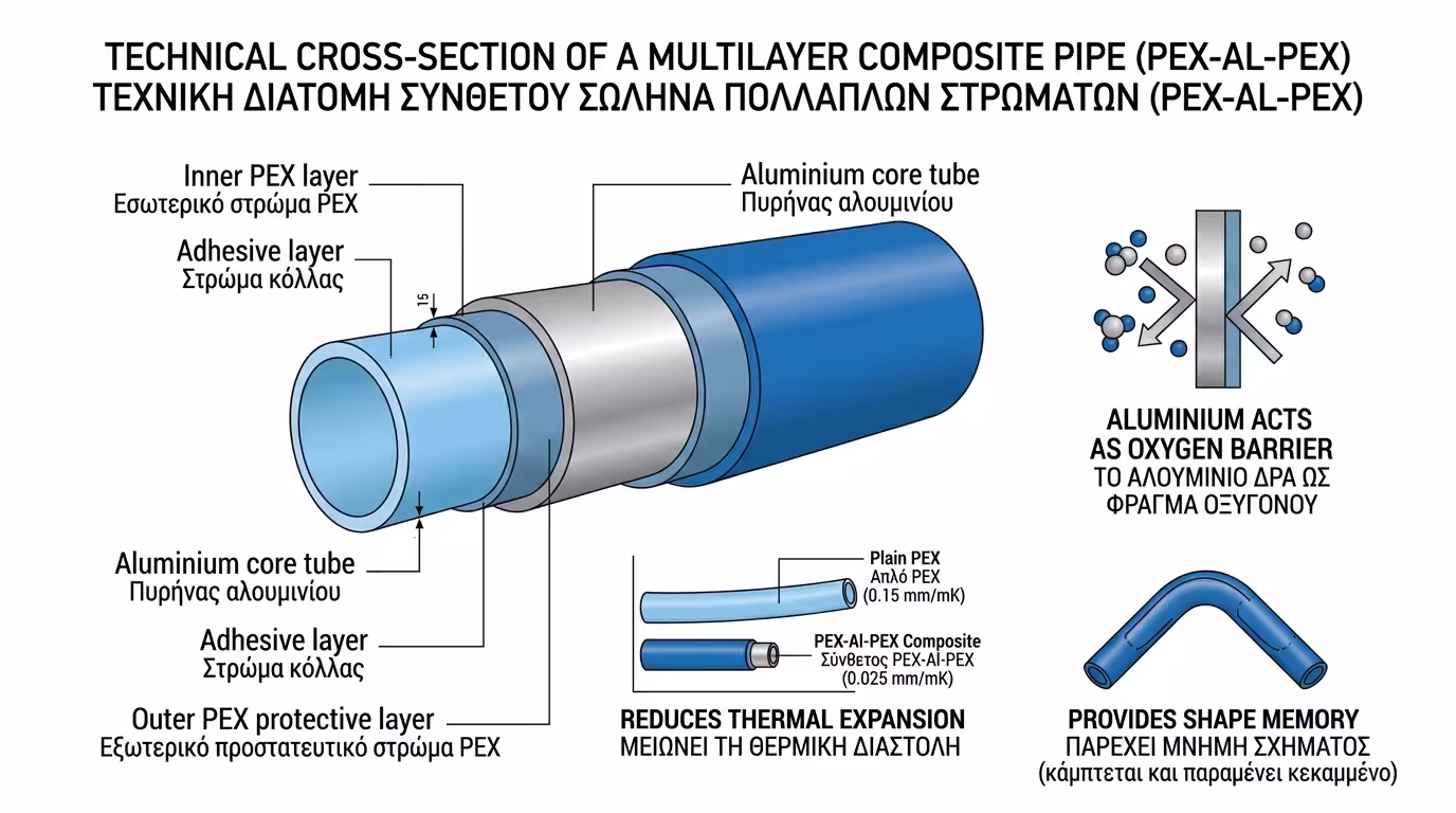 Πολυστρωματική σωλήνα PEX-Al-PEX - τομή δομής, πυρήνας αλουμινίου, πρεσαριστά εξαρτήματα