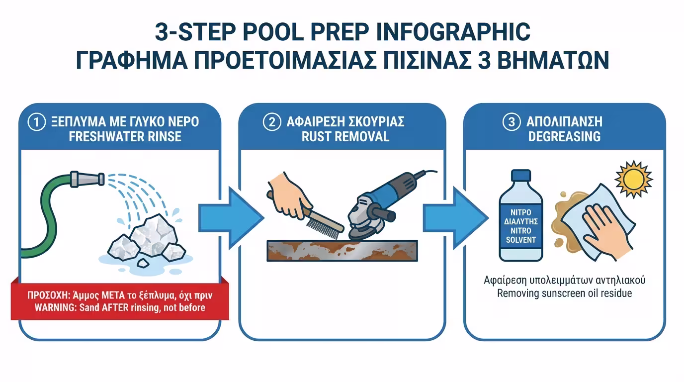 Ινφογκράφικ: Πλύσιμο γλυκό νερό → Αφαίρεση σκουριάς (τροχός/αμμοβολή) → Απολίπανση.