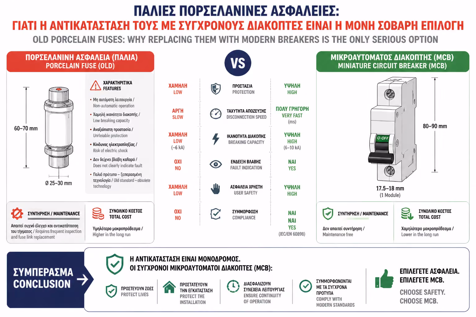 Σύγκριση παλιάς ασφάλειας πορσελάνης με σύγχρονο μικροαυτόματο