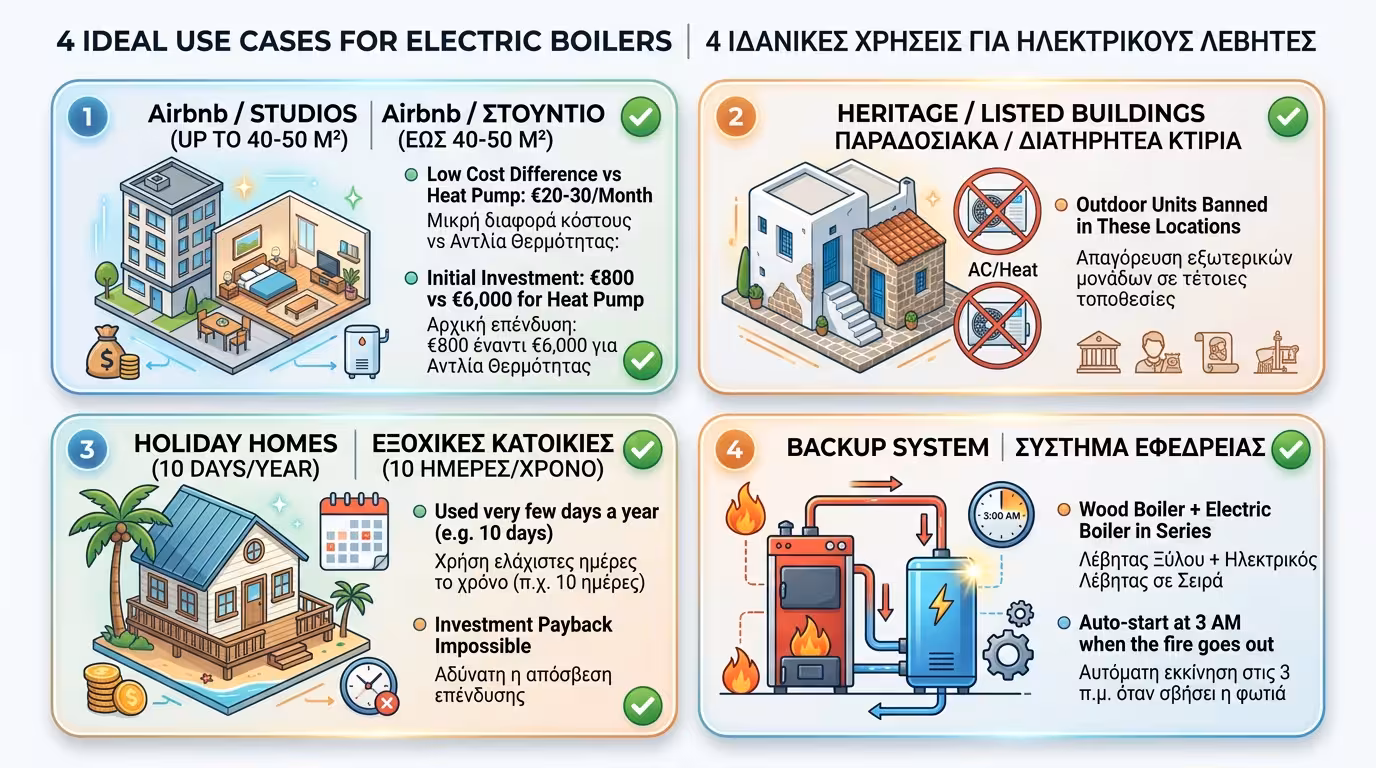 Πότε αξίζει ηλεκτρικός λέβητας - Airbnb, εξοχικό, backup