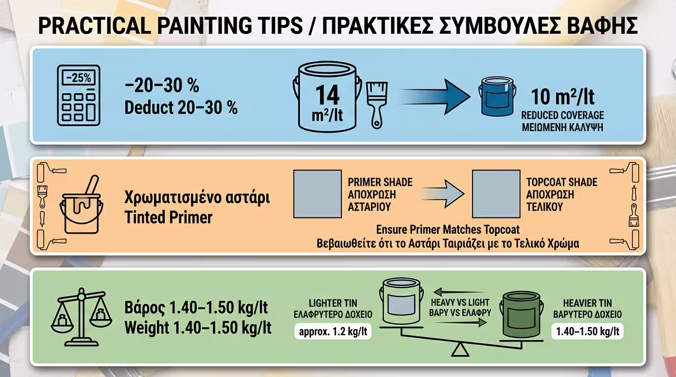 Infographic: 3 πρακτικές συμβουλές – αφαιρέστε 20-30%, χρωματισμένο αστάρι, βάρος δοχείου