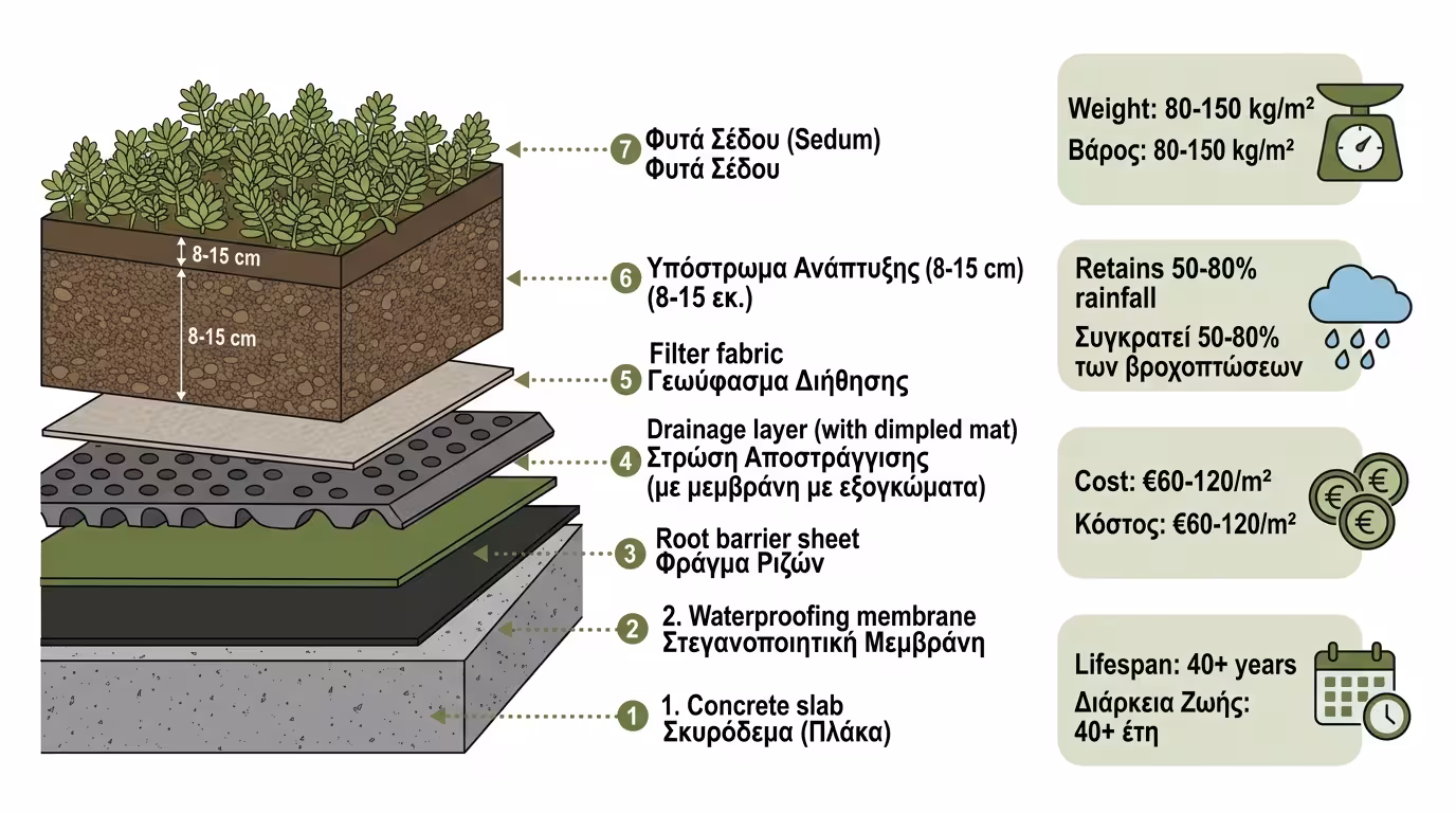 Πράσινη στέγη φυτεμένο δώμα - στρώματα sedum, αποστράγγιση, ρίζες, μόνωση