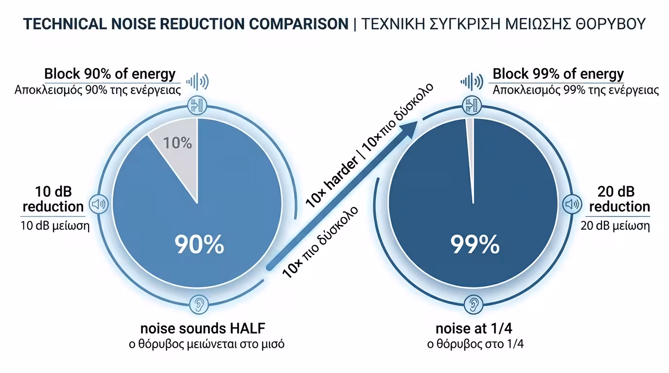 Μπλοκάρισμα 90% ενέργειας = 10 dB, 99% = 20 dB - γιατί είναι τόσο ακριβή η ηχομόνωση