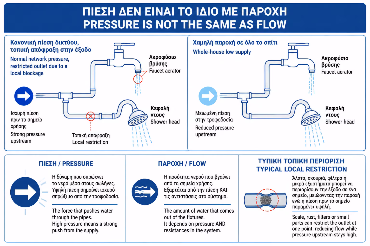 Σύγκριση πίεσης και ροής νερού σε νιπτήρα και ντους