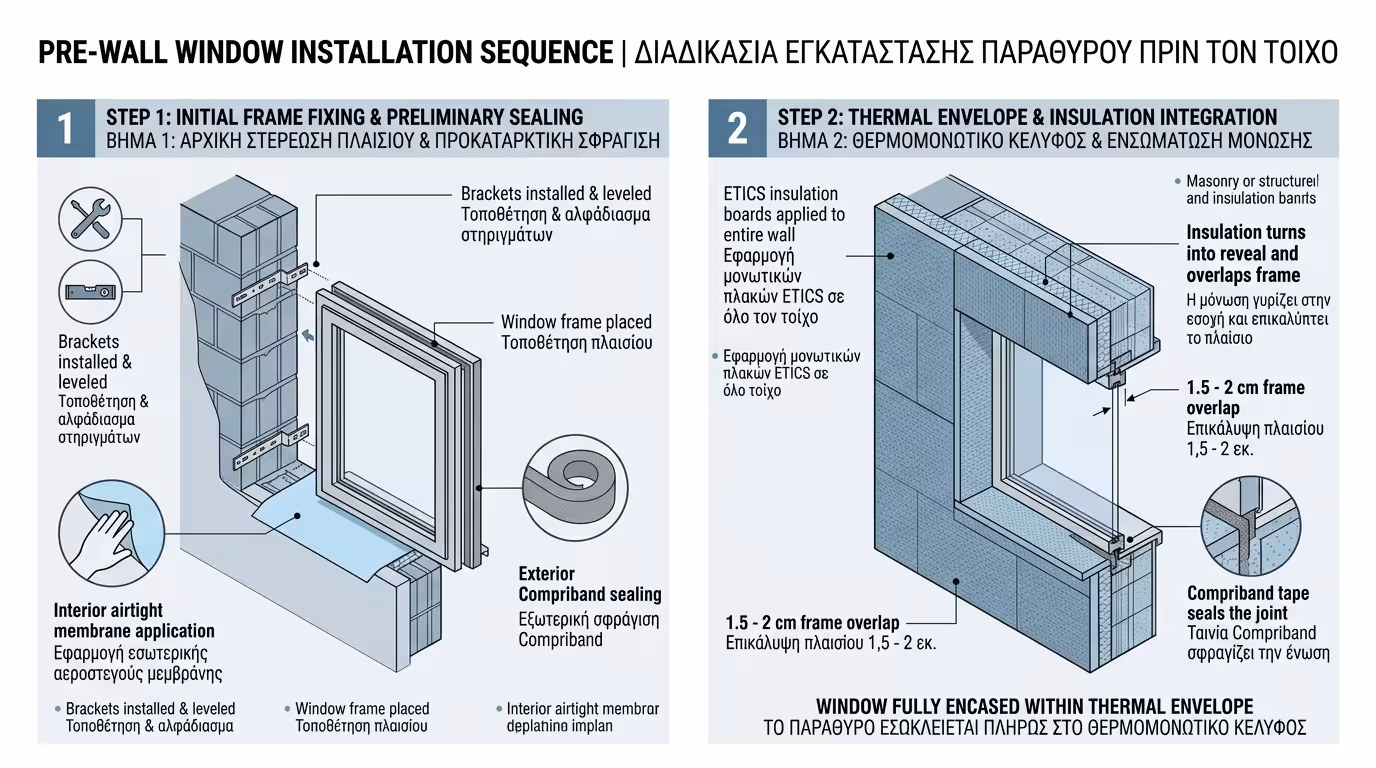 Κούφωμα τοποθετημένο pre-wall μέσα στο μονωτικό στρώμα - φελιζόλ γύρω-γύρω