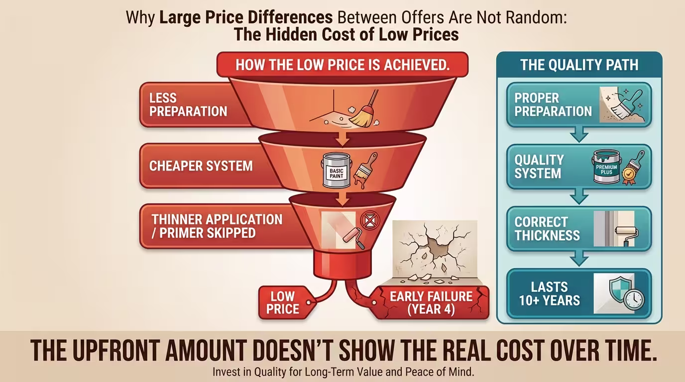 Funnel: less preparation + cheaper system + thinner application = lower price & failure