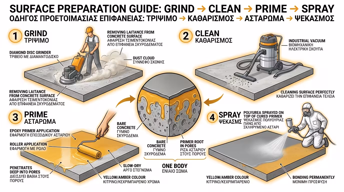 Προετοιμασία επιφάνειας - τρίψιμο με διαμαντόδισκο και εποξειδικό αστάρι