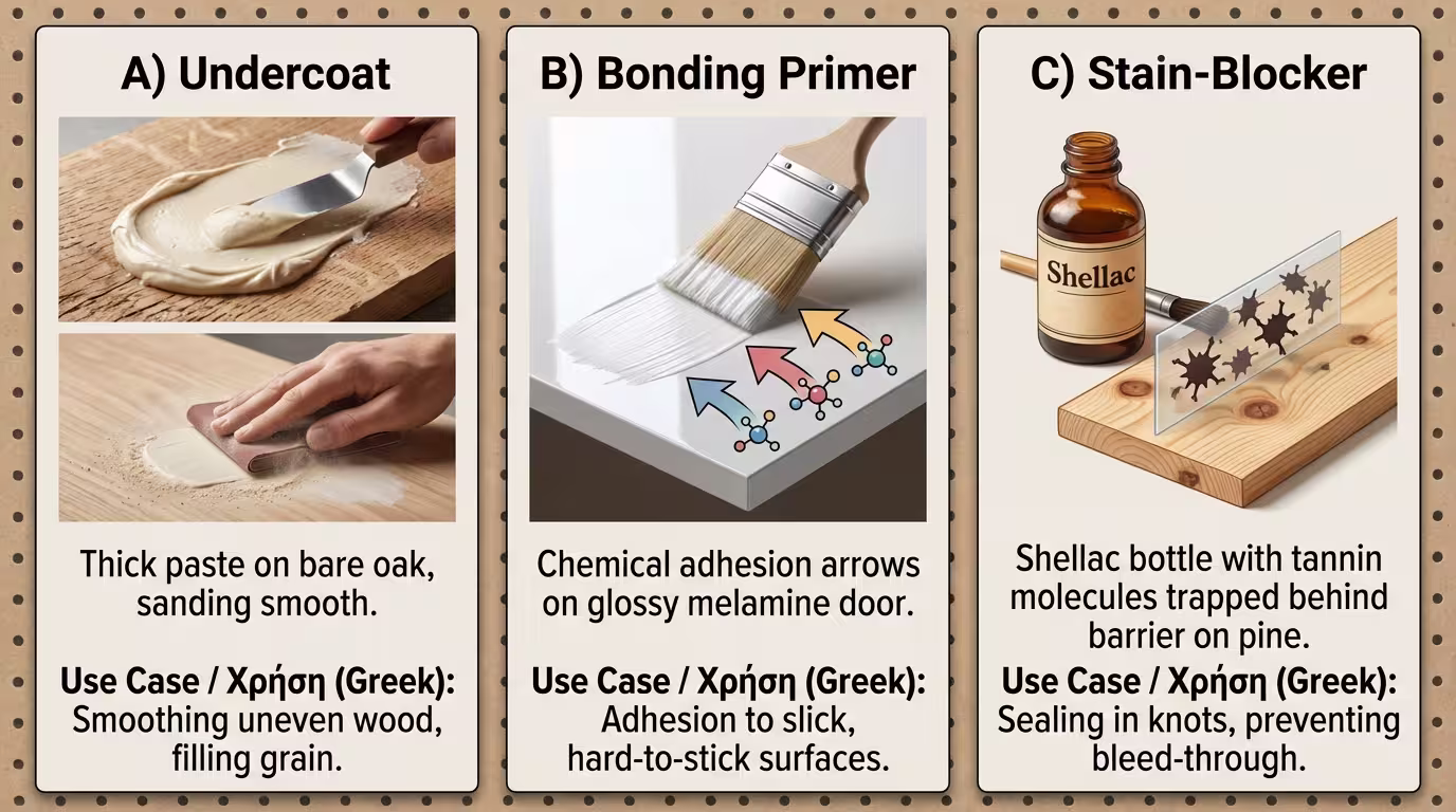 Ινφογκράφικ 3 κολωνών: Βελατούρα (γυμνό ξύλο, γεμίζει πόρους), Bonding Primer (μελαμίνη/laminate, κόλλα σε λείες), Stain-Blocker (τανίνες, νικοτίνη, shellac) (ελληνικά και αγγλικά)