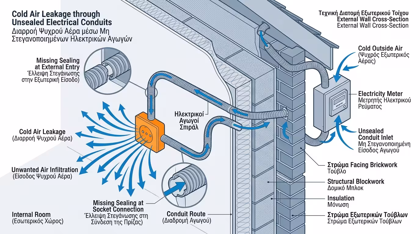 Πρίζα σε εξωτερικό τοίχο - αέρας ταξιδεύει μέσα στα σπιράλ