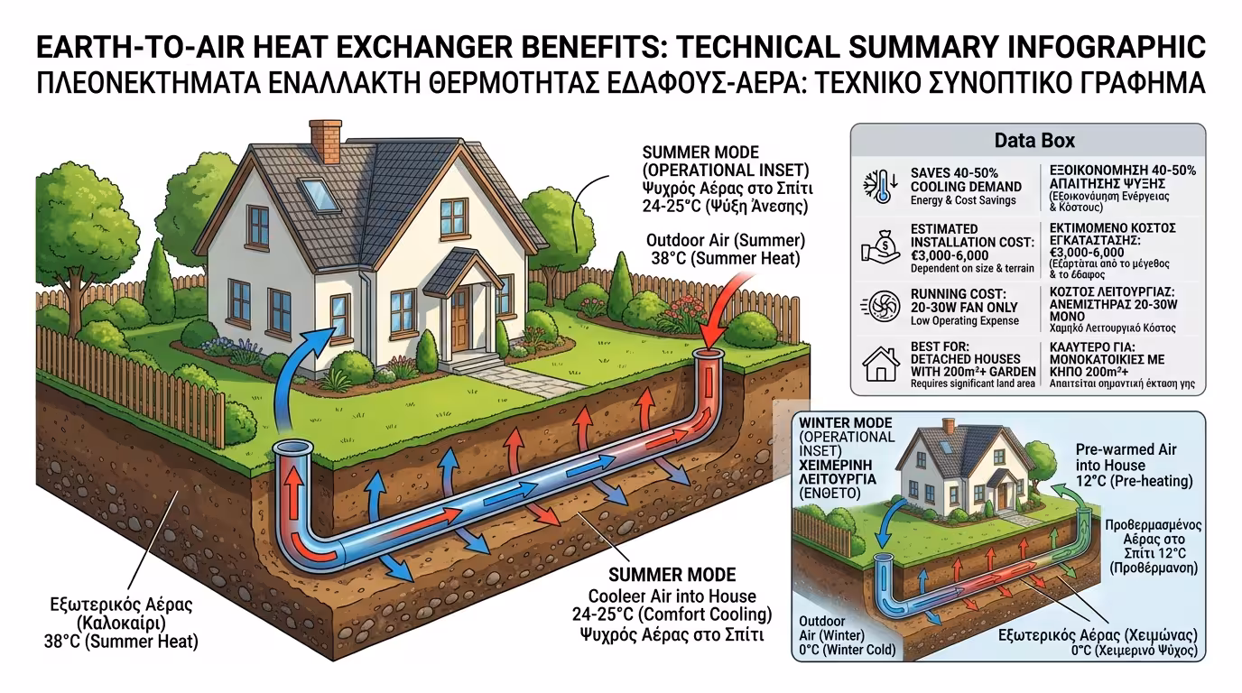 Σύνοψη γεωεναλλάκτης μονοκατοικία - δροσερός αέρας εισέρχεται, ζεστός εξέρχεται, χωρίς κλιματιστικό