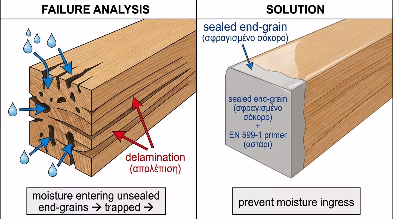 Ινφογκράφικ: υγρασία εισχωρεί από σόκορα/αρμούς → σπρώχνει βερνίκι → ξεφλούδισμα. Λύση: impregnation primer EN 599-1 + σφράγιση σόκορων (ελληνικά και αγγλικά)