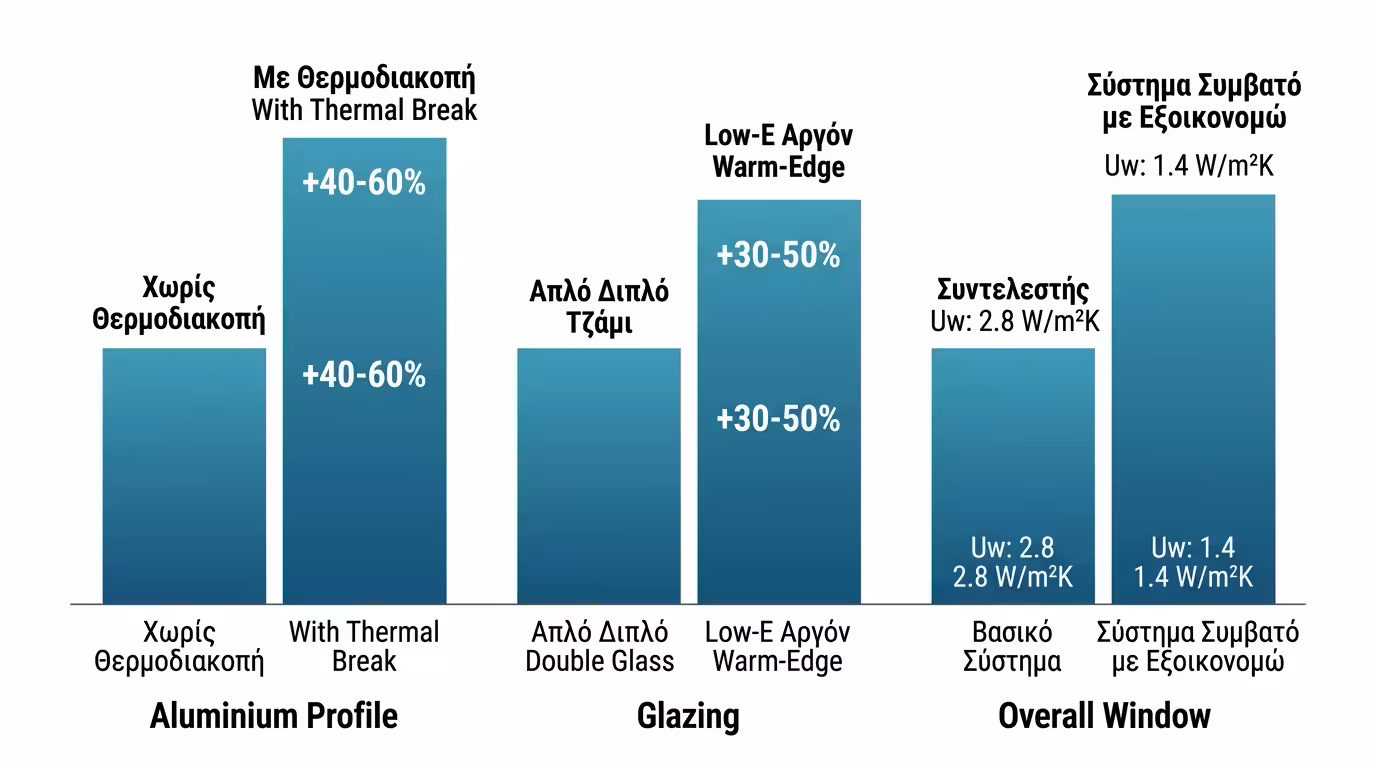 Αυστηρότερες ενεργειακές προδιαγραφές - Uw, ενεργειακά τζάμια, θερμοδιακοπή