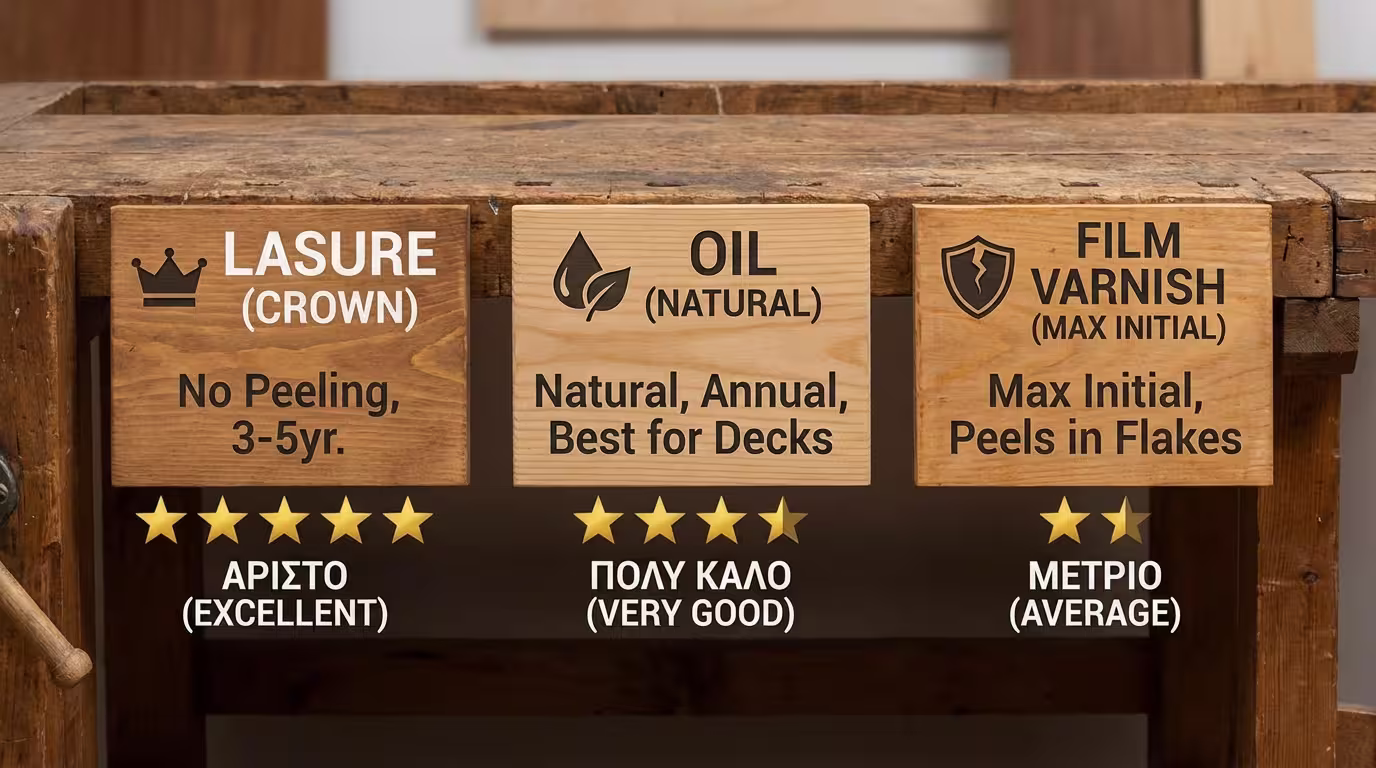 Ινφογκράφικ σύγκρισης: Lasure (δεν ξεφλουδίζει, 3-5 χρόνια), Λάδι (εύκολο, ετήσια συντήρηση), Κρούστα (μέγιστη αντοχή, δύσκολη συντήρηση) (ελληνικά και αγγλικά)