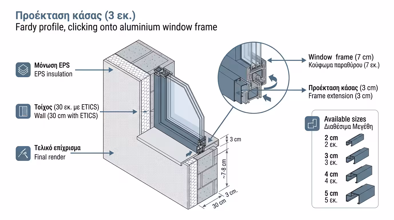 Προεκτάσεις κάσας αλουμινίου - φάσες Fardy για θερμοπρόσοψη και χοντρούς τοίχους