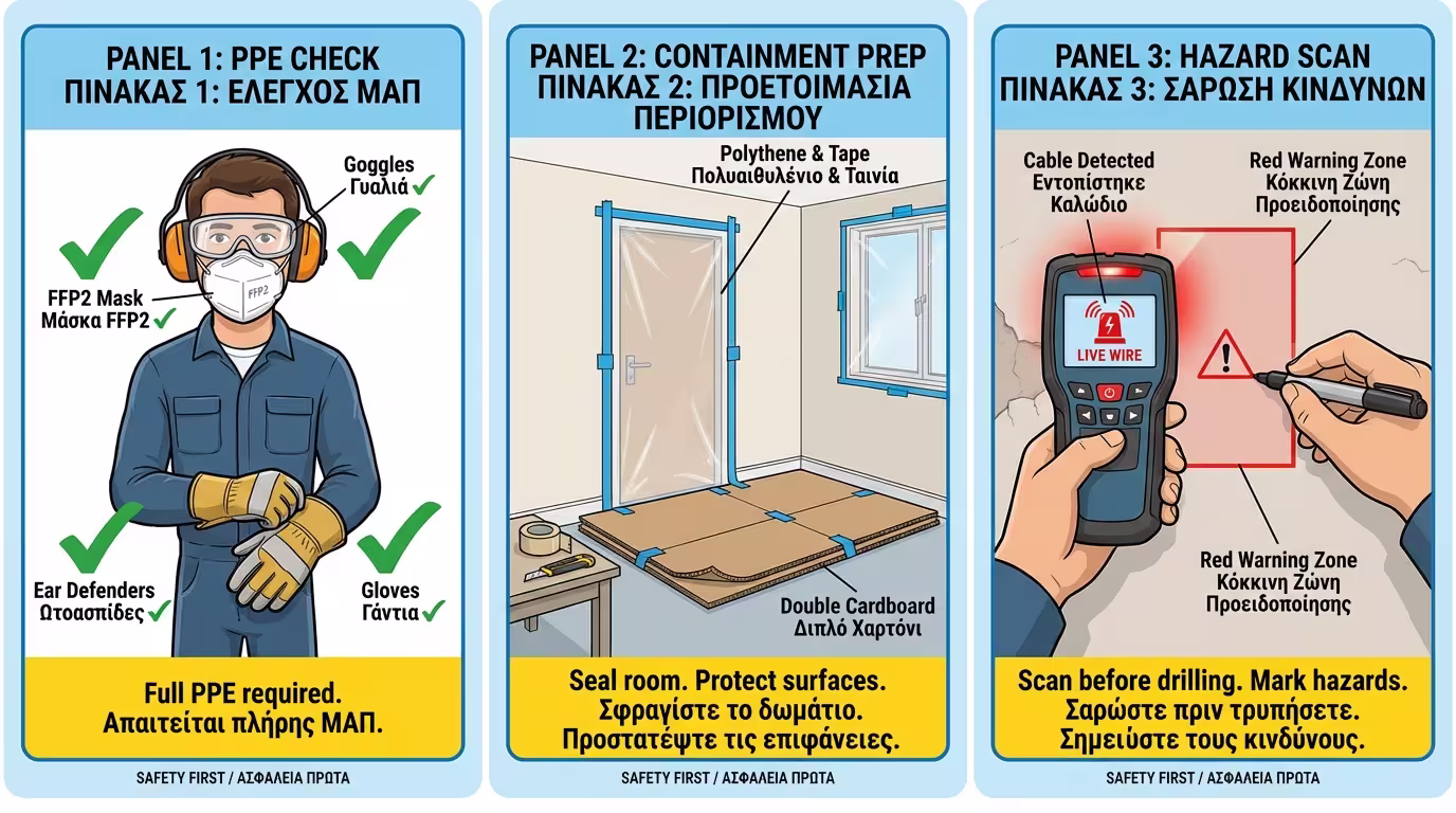 Σφράγισμα χώρου με νάιλον, ανιχνευτής τοίχου μαρκάρει καλώδια