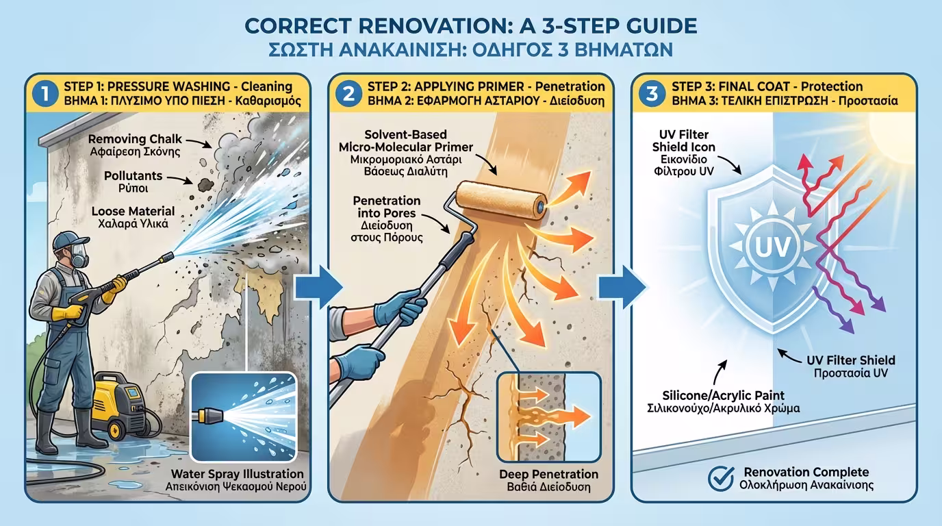 Πλύσιμο πιεστικό → αστάρι → βαφή
