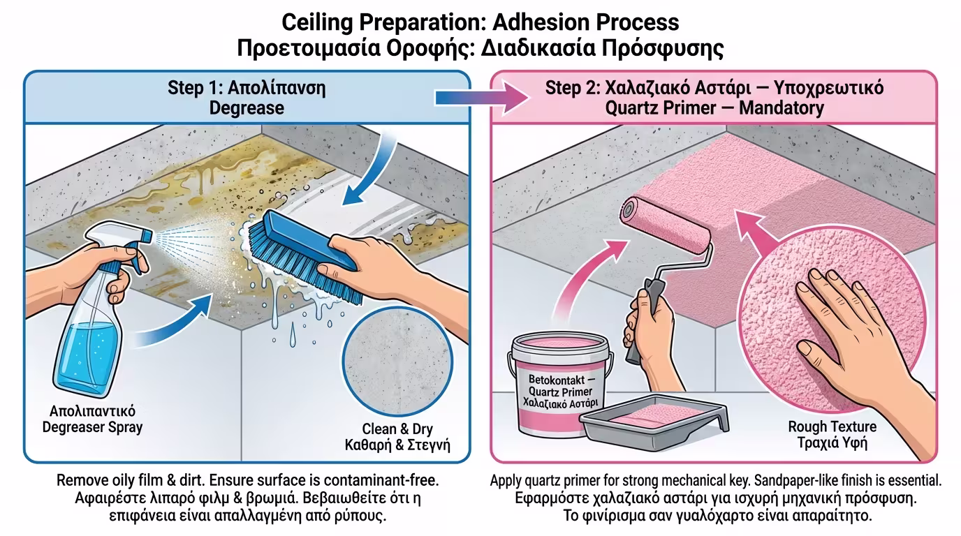 Καθαρισμός μπετόν ταβανιού και εφαρμογή χαλαζιακού ασταριού