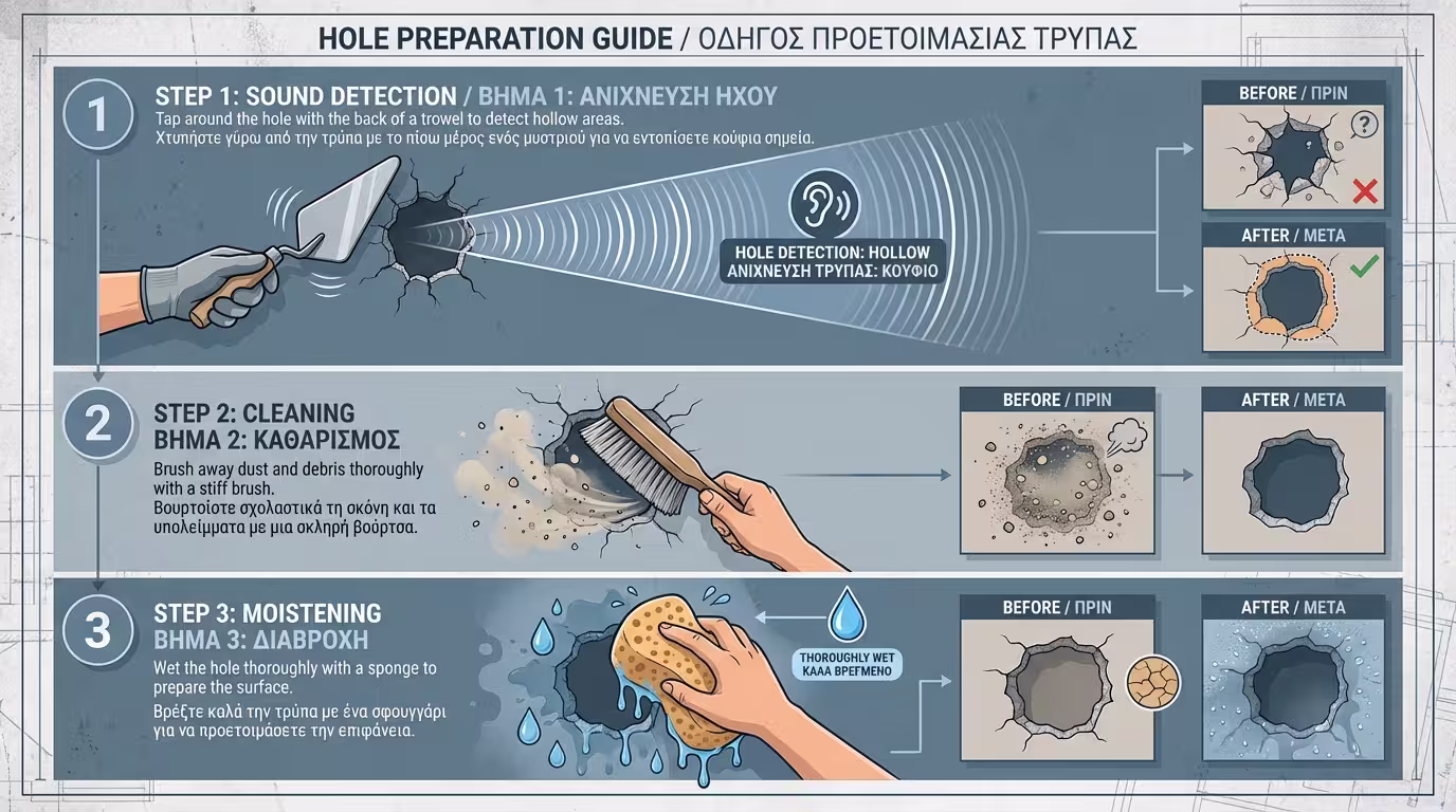 Καθαρισμός, κτύπημα, βρέξιμο τρύπας πριν τη σοβάτιση