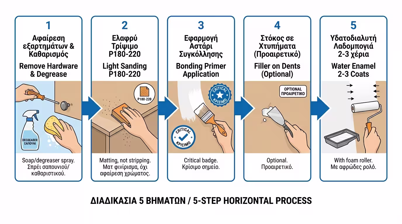 Ινφογκράφικ 5 βημάτων: 1) αφαίρεση εξαρτημάτων + πλύσιμο, 2) ελαφρύ τρίψιμο P180-220 (matting), 3) bonding primer, 4) στοκάρισμα, 5) ριπολίνη νερού 2-3 χέρια (ελληνικά και αγγλικά)