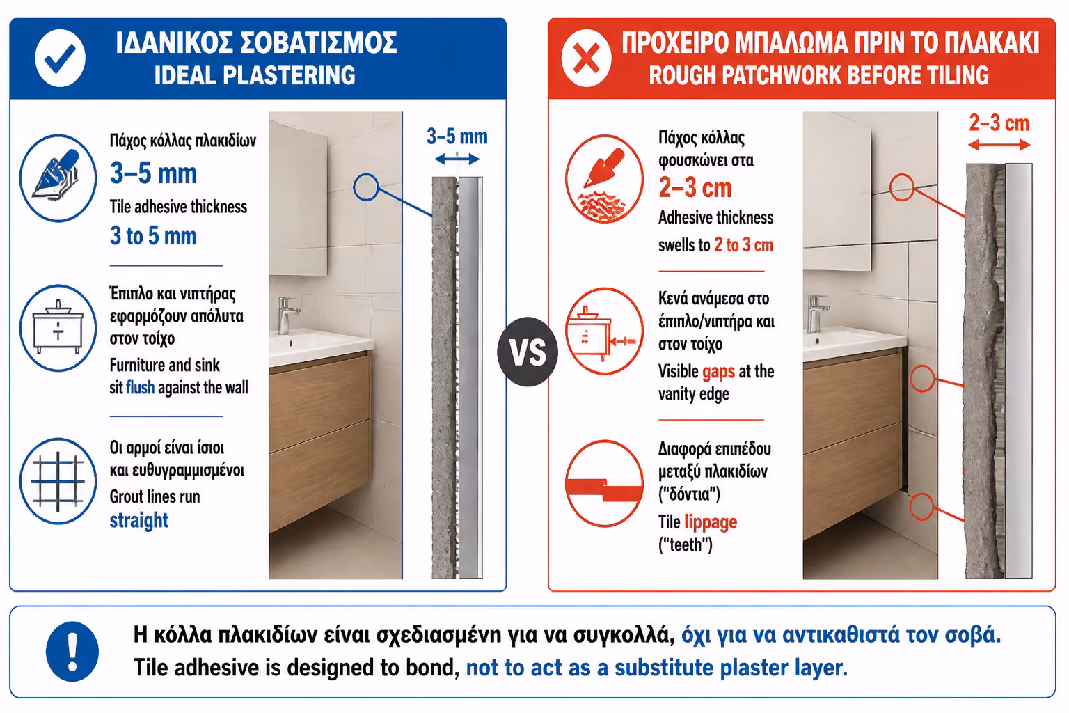 Εικονογράφηση για Σύγκριση: Σωστό Σοβάτισμα vs. Πρόχειρο Μάζεμα