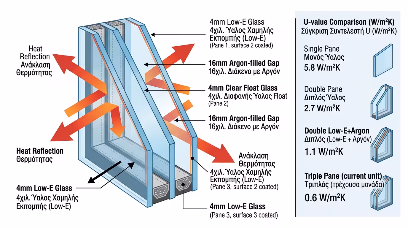 Σύγκριση κρυστάλλων - Low-E, Argon, πάχος