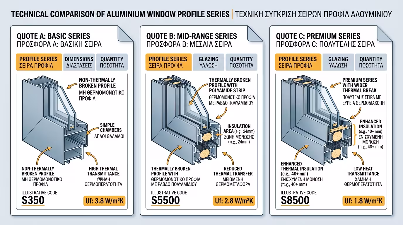 Σύγκριση προφίλ - σειρά αλουμινίου, θερμοδιακοπή