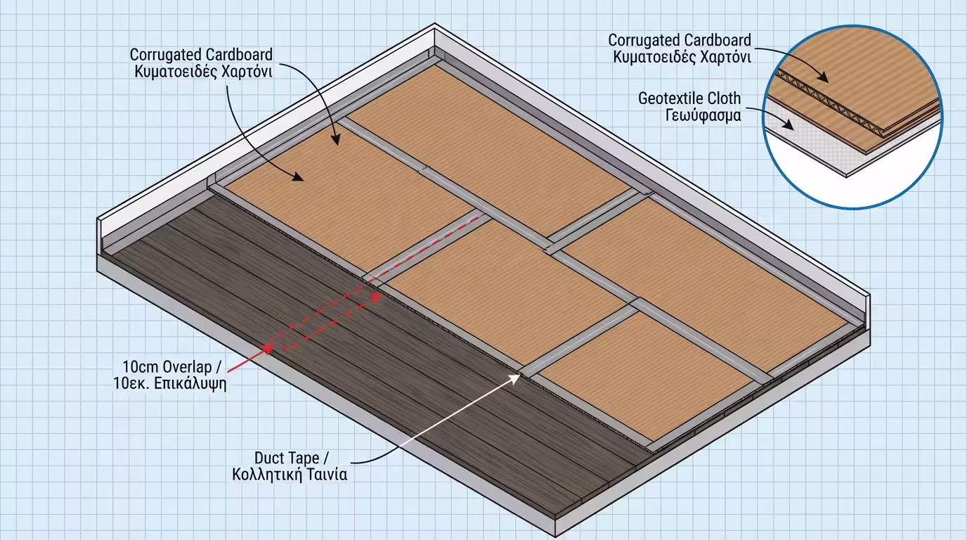 Οντουλέ χαρτόνι κυματοειδές πάνω σε πλακάκια δαπέδου
