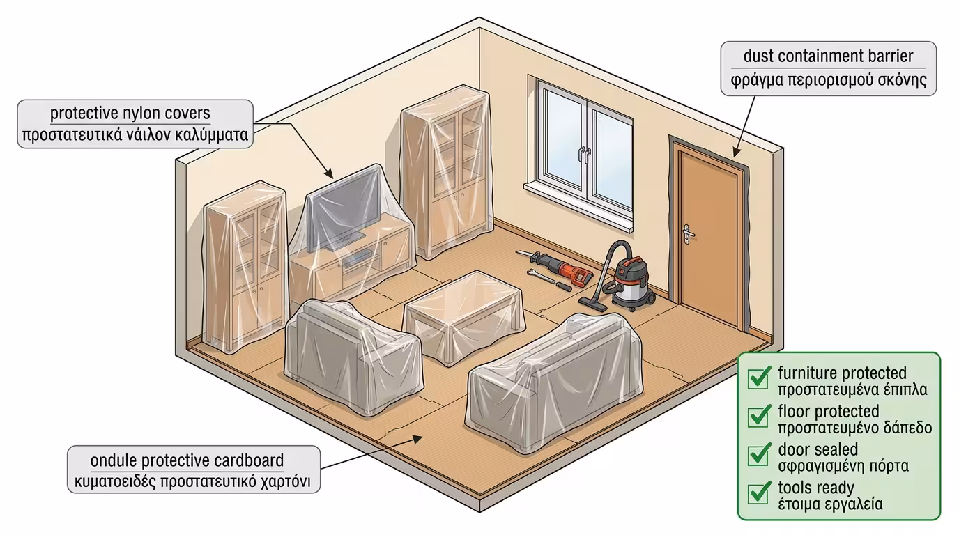 Προετοιμασία χώρου - νάιλον σε έπιπλα και χαρτόνι στο πάτωμα πριν την αφαίρεση