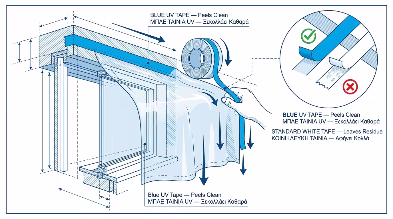 Μασκάρισμα παραθύρου αλουμινίου με νάιλον και μπλε UV ταινία