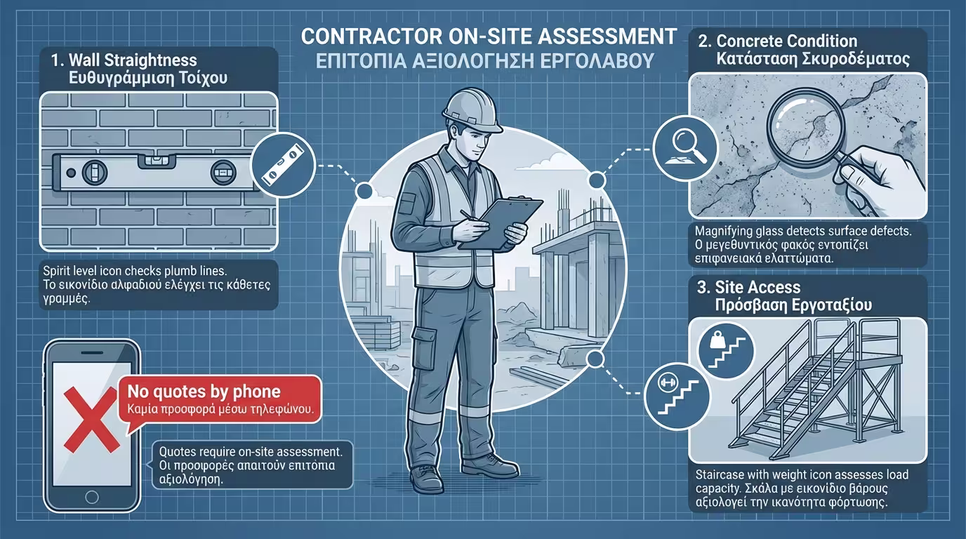 Εργολάβος ελέγχει τοίχους στο εργοτάξιο πριν δώσει προσφορά