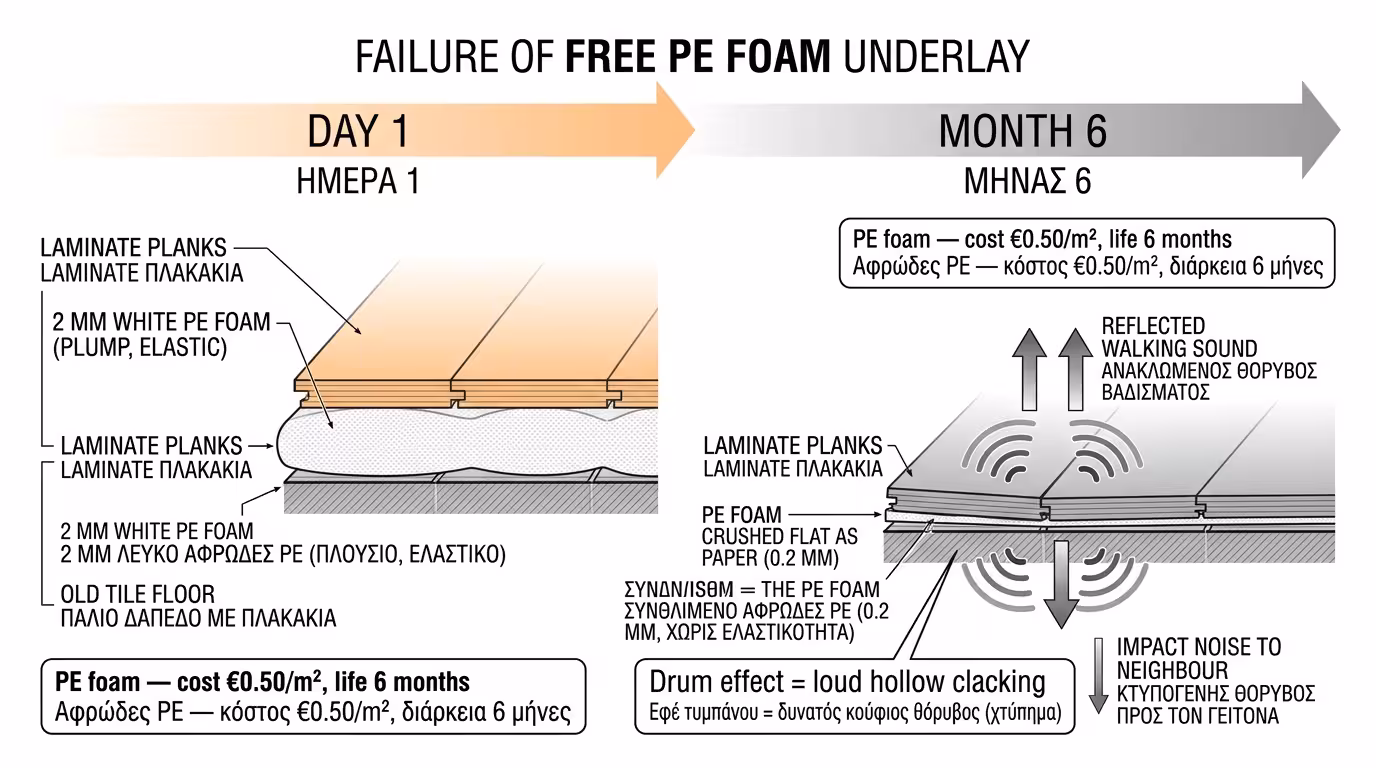 Λευκό αφρώδες PE: πατικώνεται σε 6 μήνες, χάνει ελαστικότητα