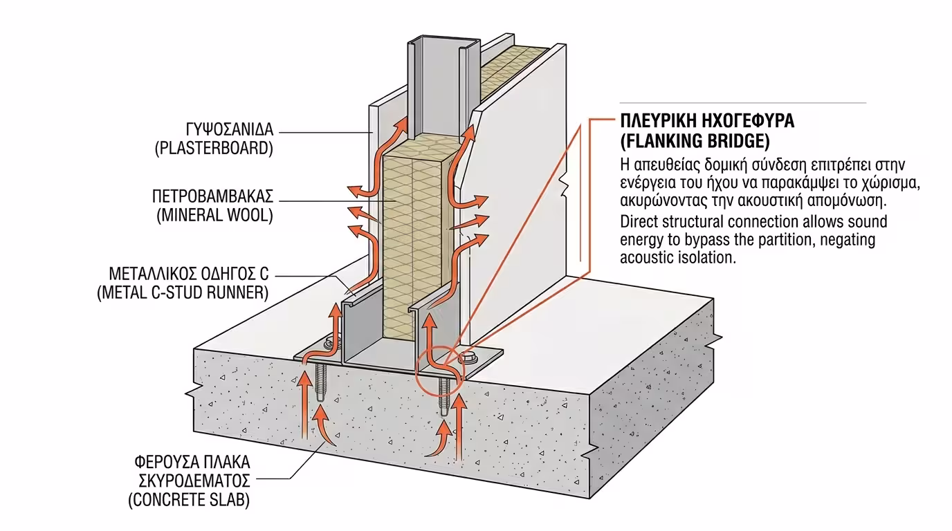 Πλευρική μετάδοση: η δόνηση ανεβαίνει από το πάτωμα στον μεταλλικό στρωτήρα