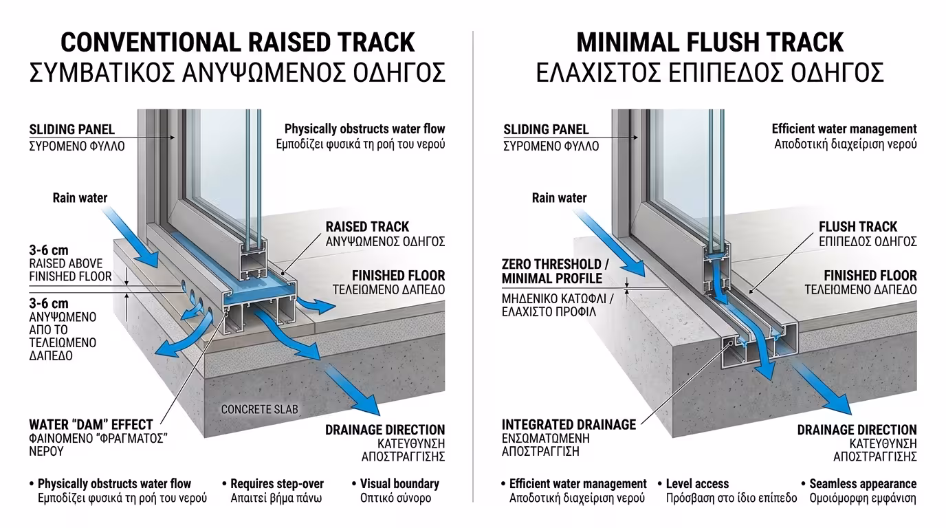 Συμβατικός κάτω οδηγός - υπερυψωμένο κατώφλι 3-6cm ως φράγμα νερού