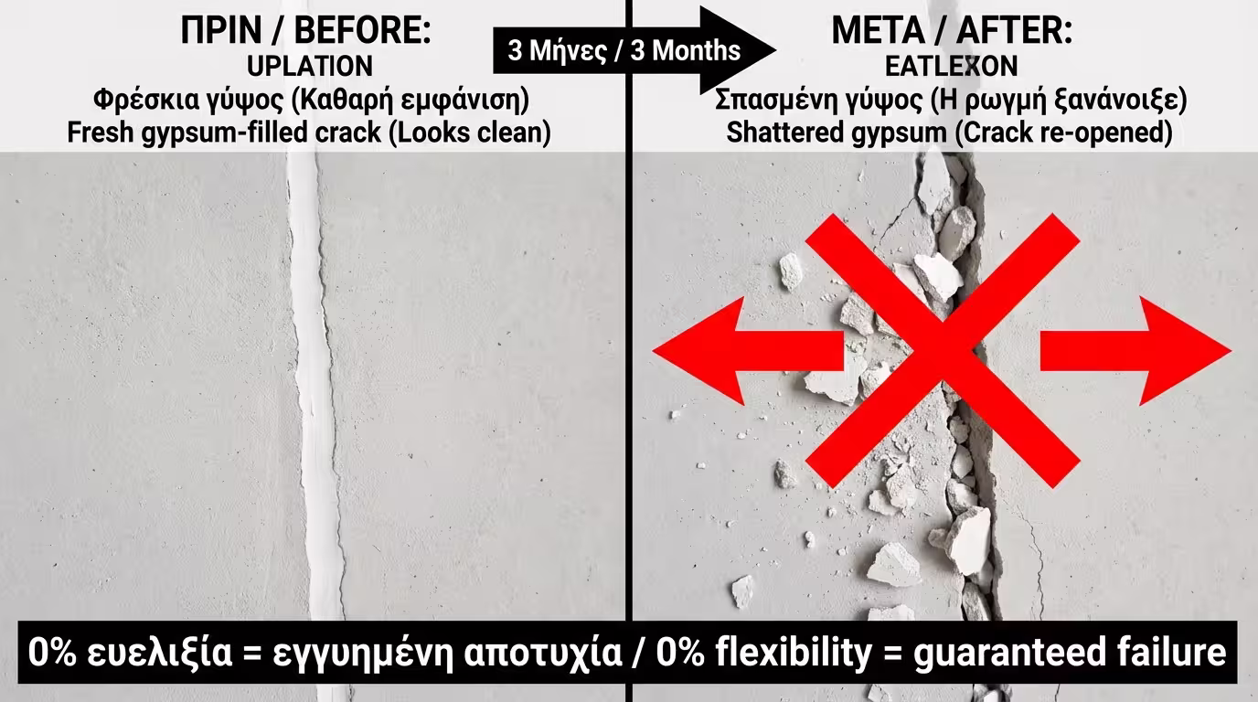 Πριν/μετά: γύψος σε ρωγμή θρυμματίζεται μετά 3 μήνες - 0% ελαστικότητα