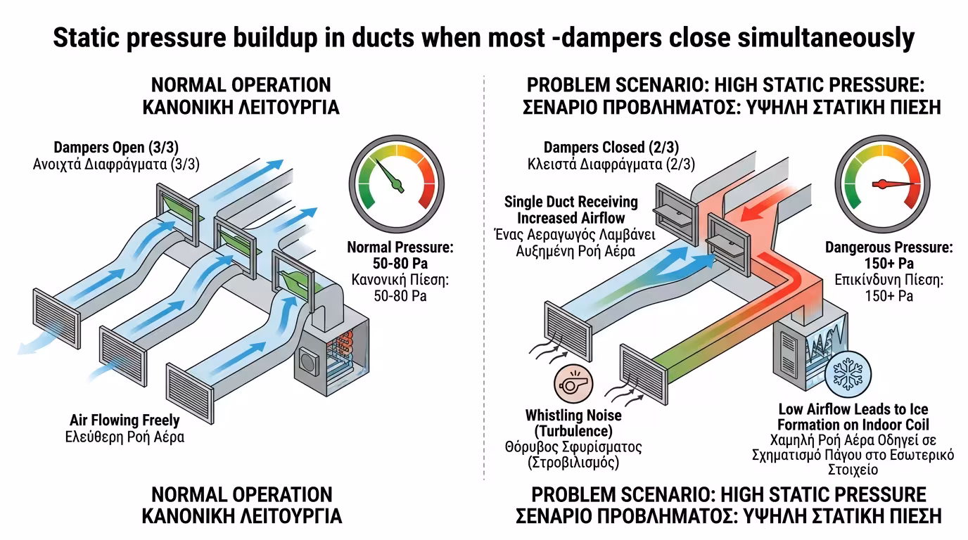 Πρόβλημα πίεσης - σφύριγμα αεραγωγού, 3 κλειστά dampers, τυφώνας σε 1 δωμάτιο