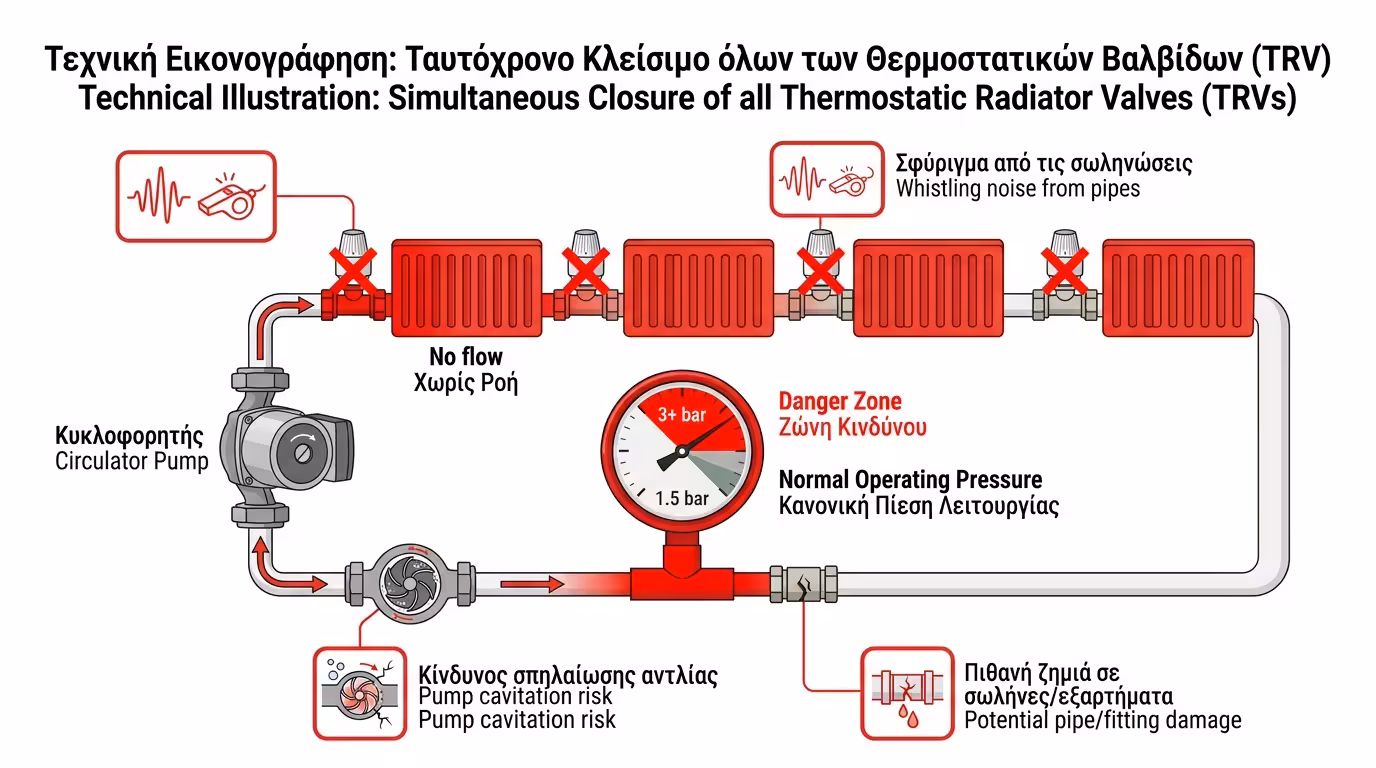 Πρόβλημα πίεσης - σφύριγμα σωληνώσεων, κυκλοφορητής, κλειστά TRVs καλοριφέρ