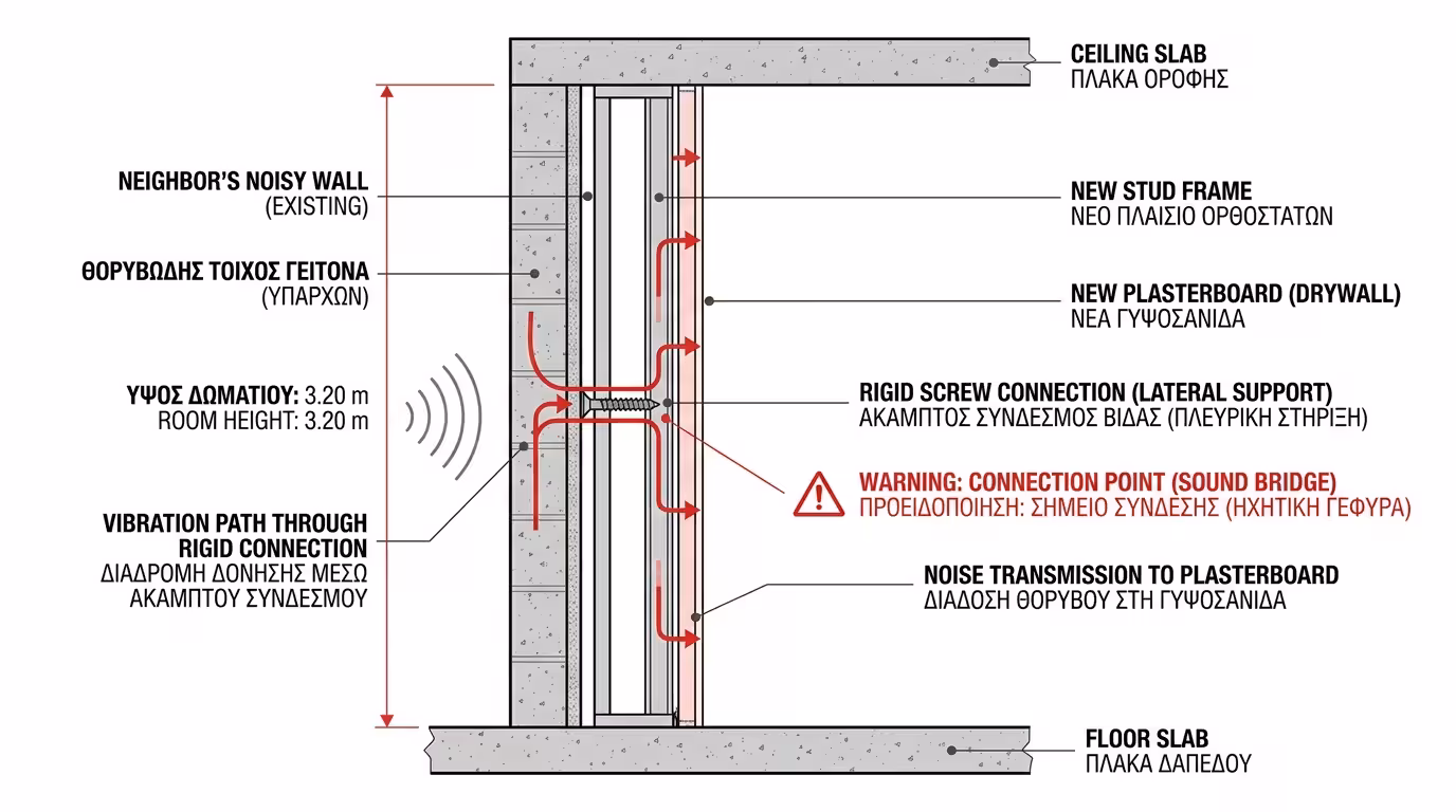 Ψηλοτάβανο δωμάτιο: ο σκελετός πρέπει να δεθεί στον πίσω τοίχο - κίνδυνος ηχογέφυρας