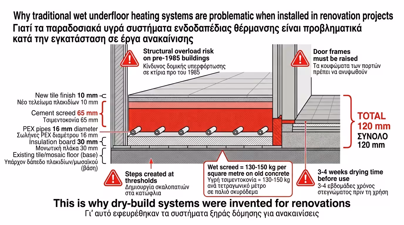 Πρόβλημα υγρής ενδοδαπέδιας – πάχος 10-12 cm, βάρος 130 kg/m², τσιμέντο, ανακαίνιση