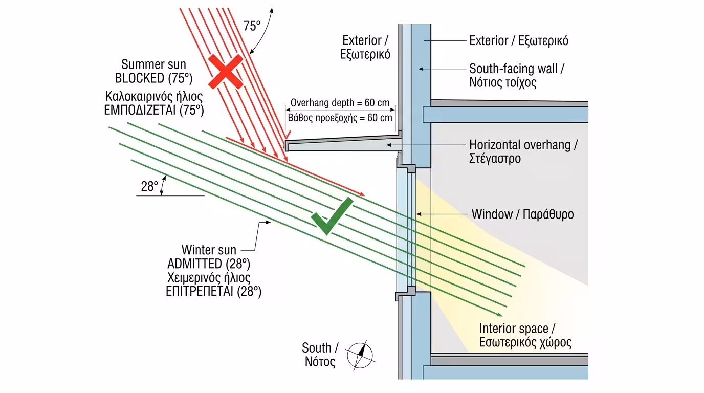 Πρόβολος μαρκίζα overhang - μπλοκάρει καλοκαιρινό ήλιο 70 μοιρών, αφήνει χειμωνιάτικο 30 μοιρών
