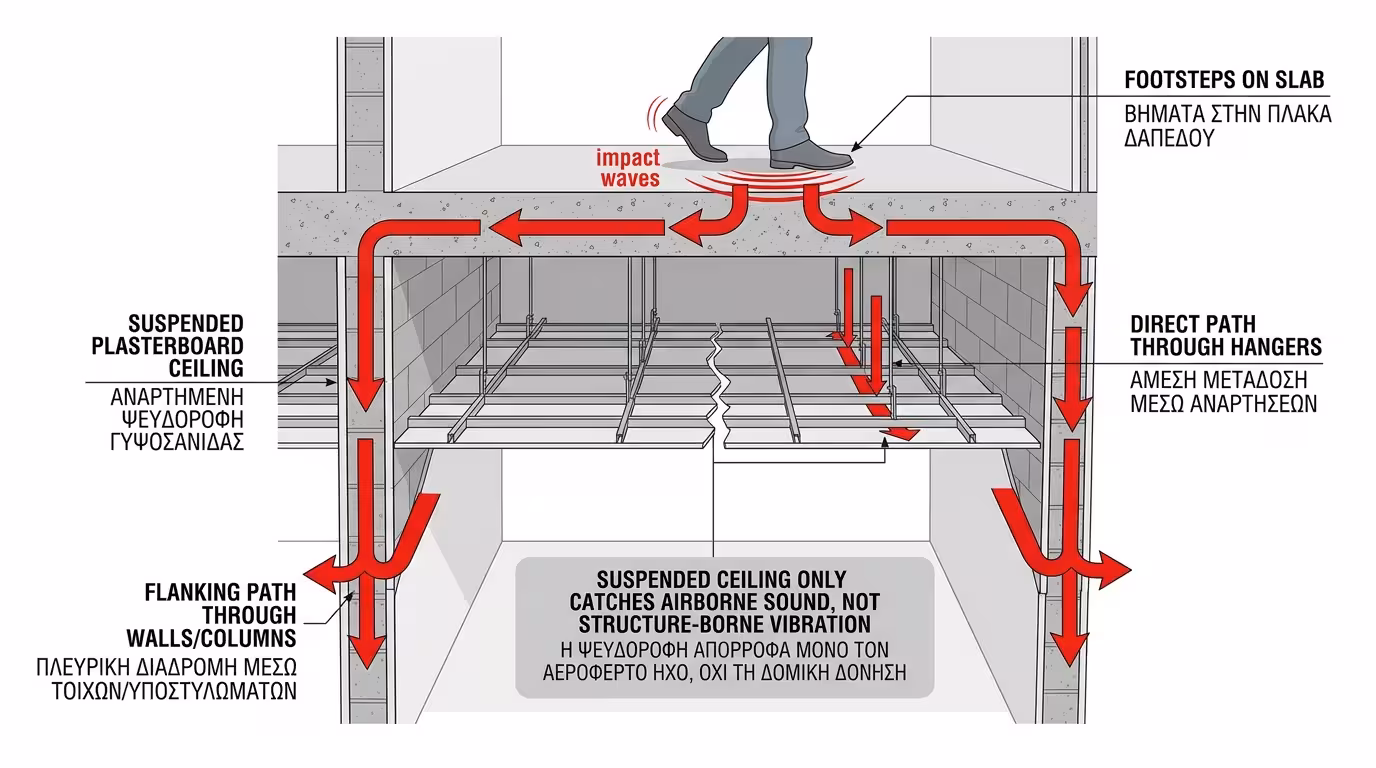 Ψευδοροφή: ο ήχος παρακάμπτει μέσω κολωνών και τοίχων