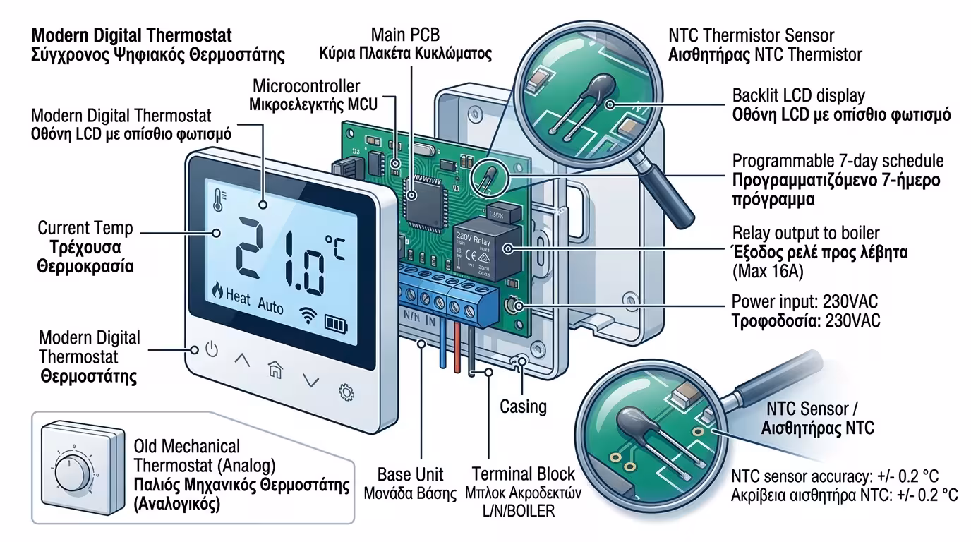 Ψηφιακός θερμοστάτης NTC - οθόνη, ακρίβεια ±0.2°C, θερμίστορ