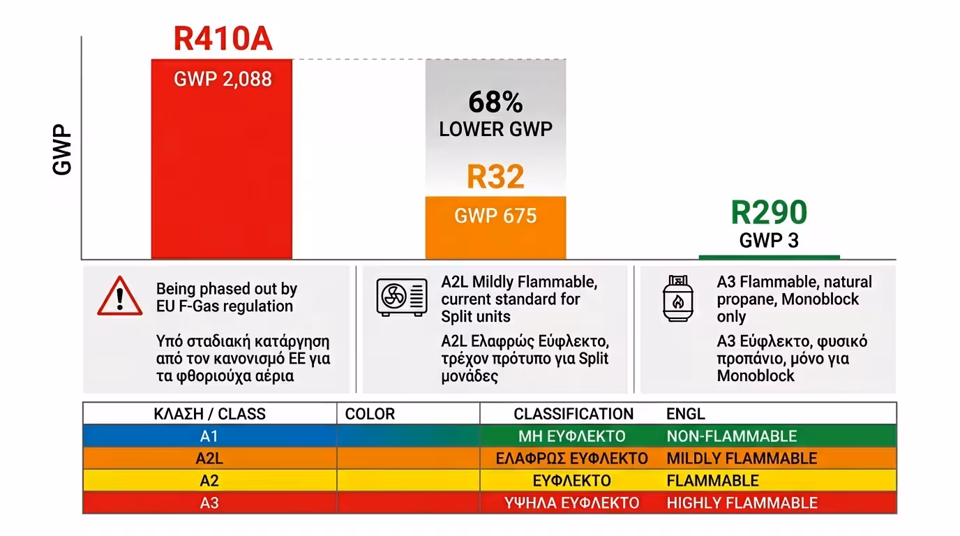 Ψυκτικό υγρό R32 - GWP και κατηγορία ασφάλειας A2L