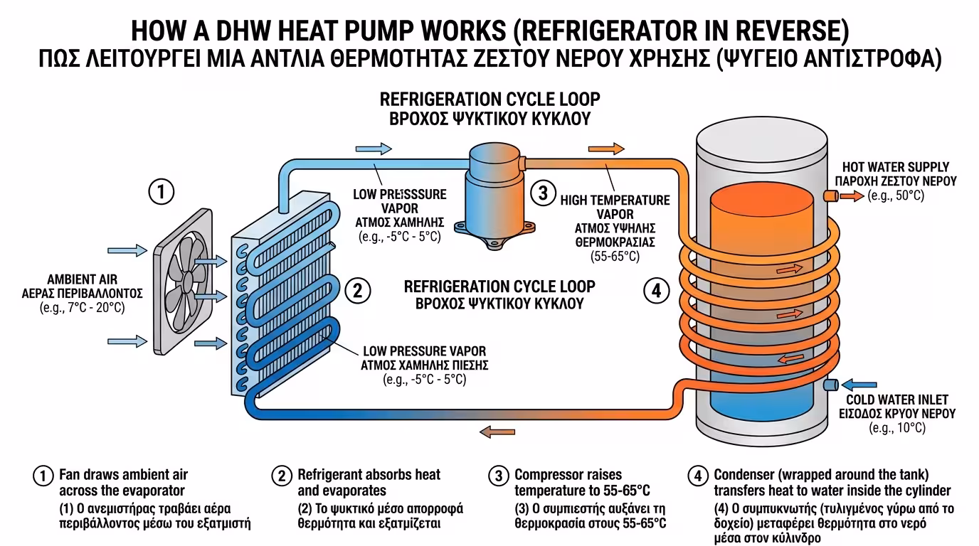 Αντλία θερμότητας ΖΝΧ - συμπιεστής, αέρας, ψυγείο ανάποδα