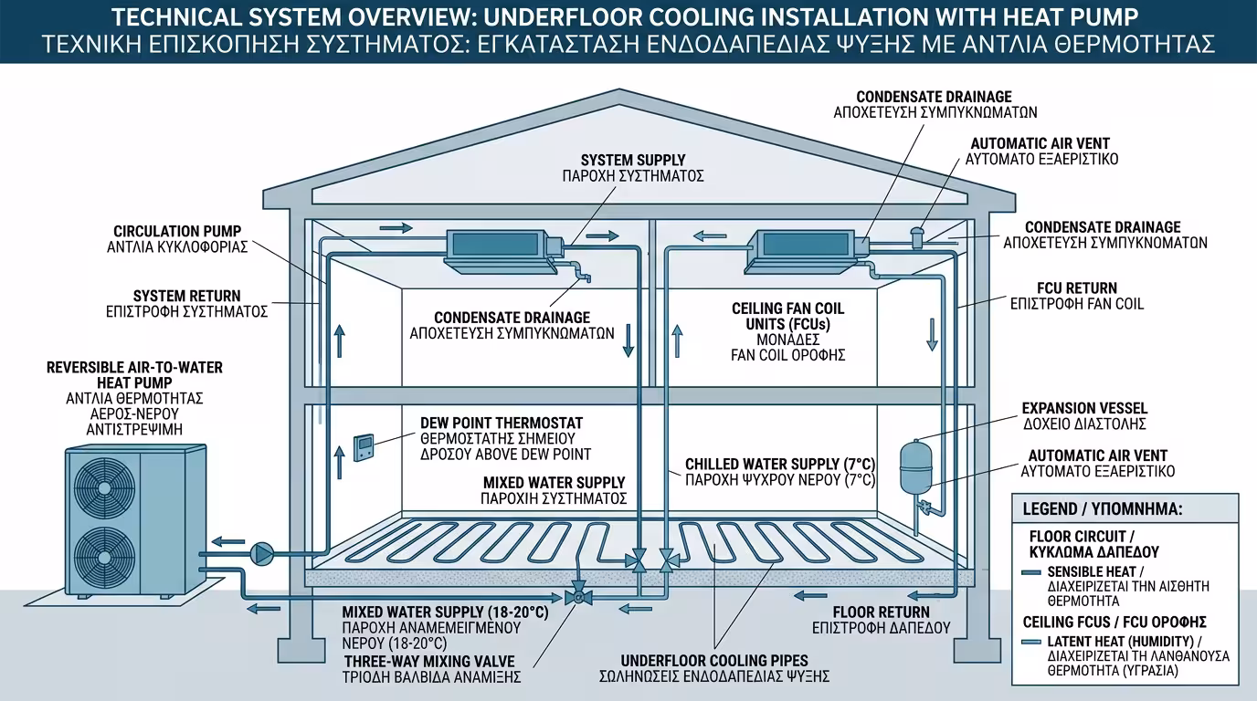 Πλήρες σύστημα ενδοδαπέδιου δροσισμού με Αντλία Θερμότητας, Fan Coils και αισθητήρες υγρασίας