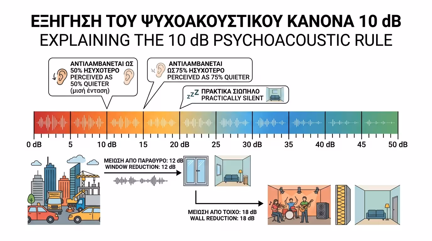 Κανόνας 10 dB: μείωση 12 dB = μισός θόρυβος, μείωση 15-20 dB = 75% λιγότερος