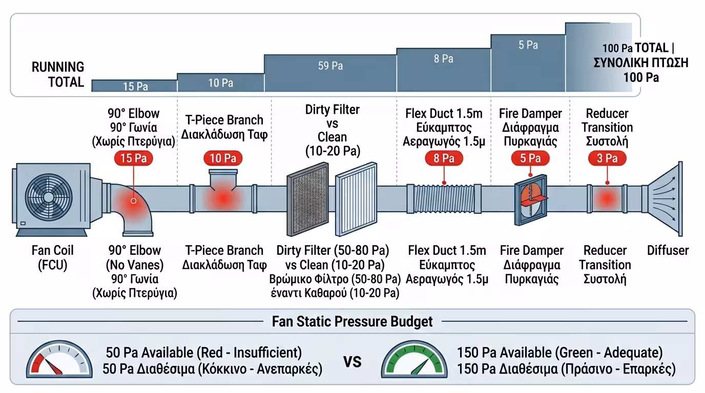 Πτώση πίεσης αεραγωγού - γωνίες, φίλτρα, εμπόδια, Πασκάλ