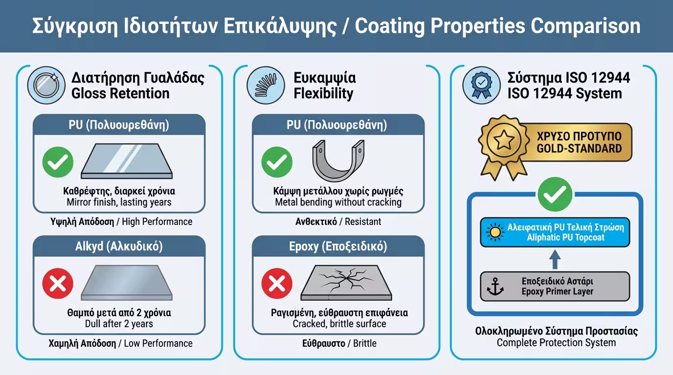 Ινφογκράφικ: Σύγκριση PU vs κοινή αλκυδική - γυαλάδα, ελαστικότητα, σύστημα ISO 12944.