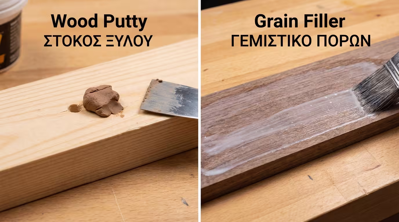 Ινφογκράφικ: Ξυλόστοκος (πηλός, κλείνει τρύπες) vs Grain Filler (χυλός, γεμίζει μικροσκοπικούς πόρους σε ΟΛΗ την επιφάνεια) (ελληνικά και αγγλικά)