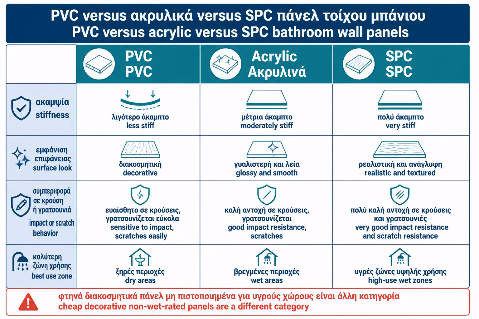 Εικονογράφηση για 13. Πίνακας σύγκρισης PVC, ακρυλικών και SPC panels